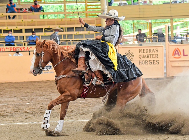 En su punta, la cabalgadura que montó Adriana Treviño Valdez, capitana de Reencuentro de Chihuahua, rayó 13.87 metros en tres tiempos